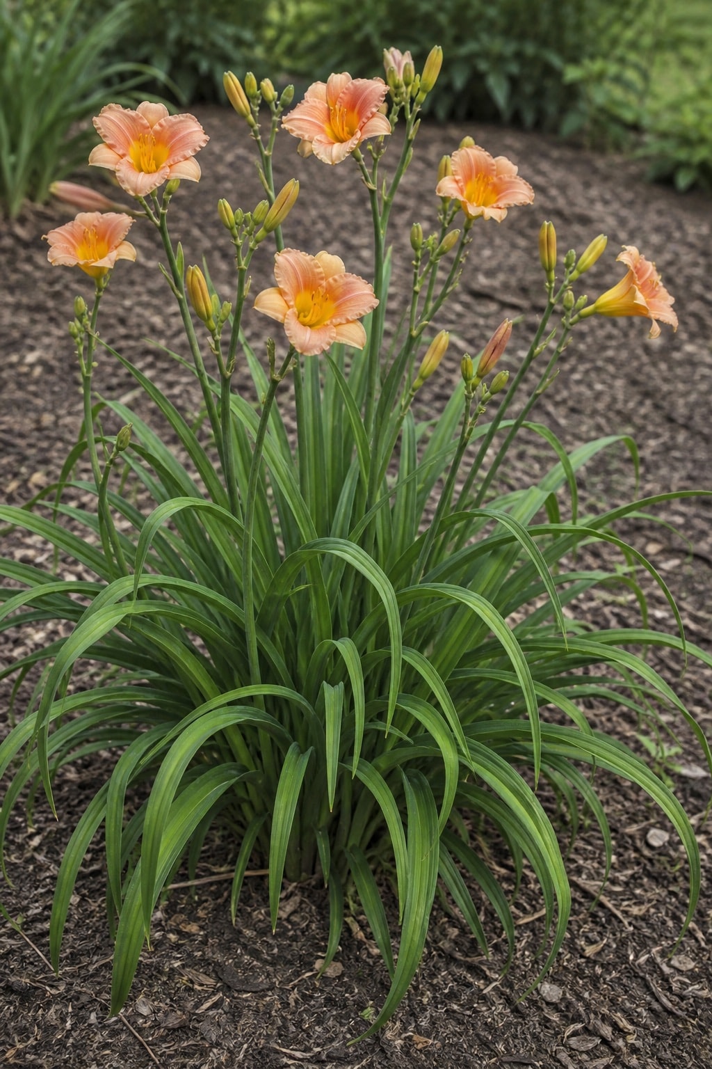 A complete daylily clump showing foliage, scapes, buds, and flowers