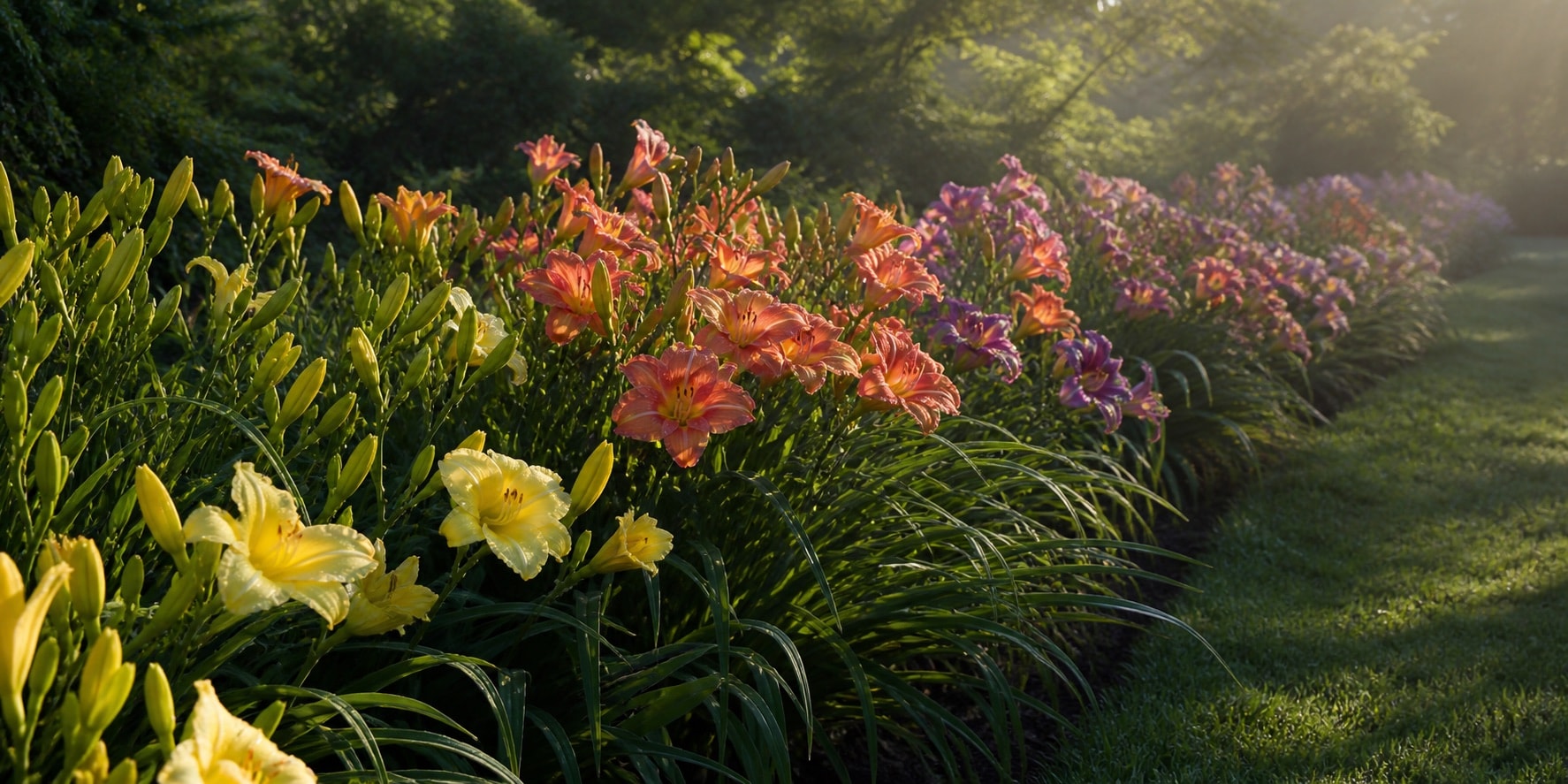 A daylily border showing buds, peak flowers, and later blooms in sequence
