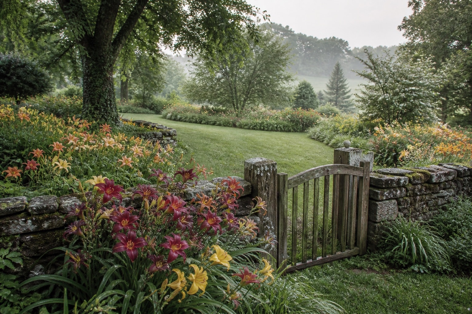 An established daylily garden set in the rolling Bluegrass landscape