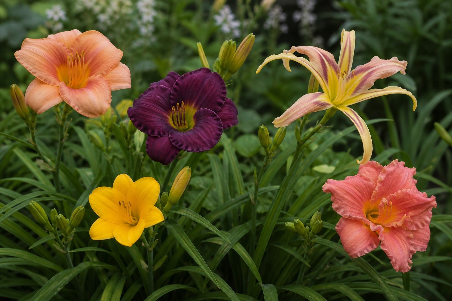 Several daylily flower forms compared in a garden trial bed