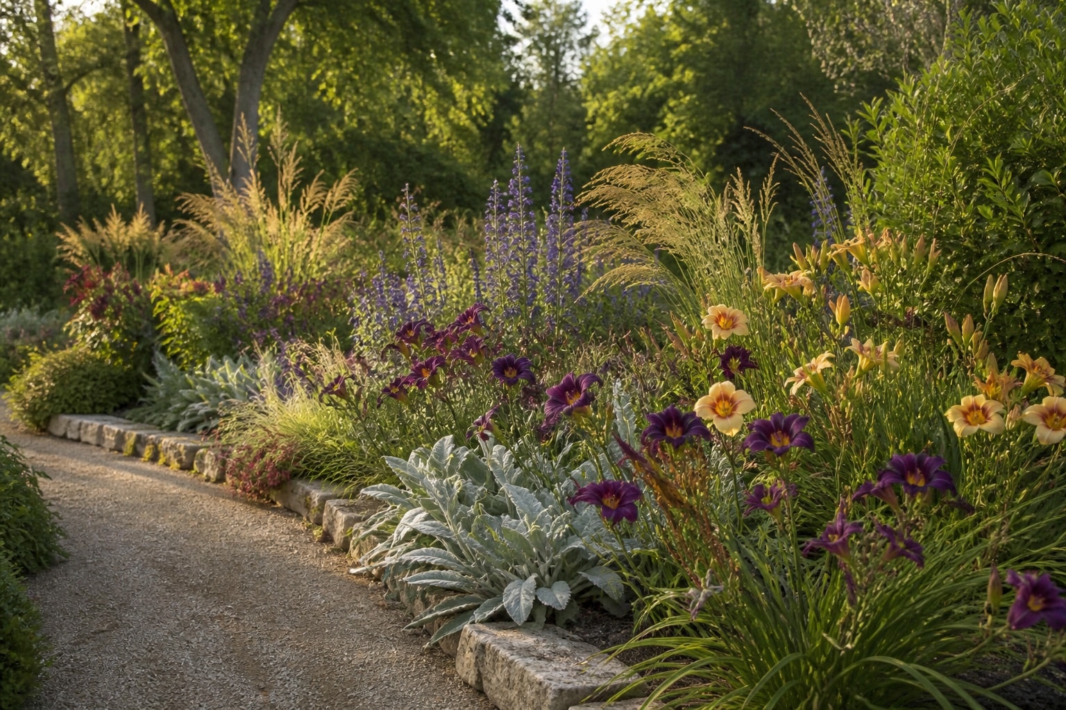 A designed perennial border using repeated daylilies and contrasting foliage