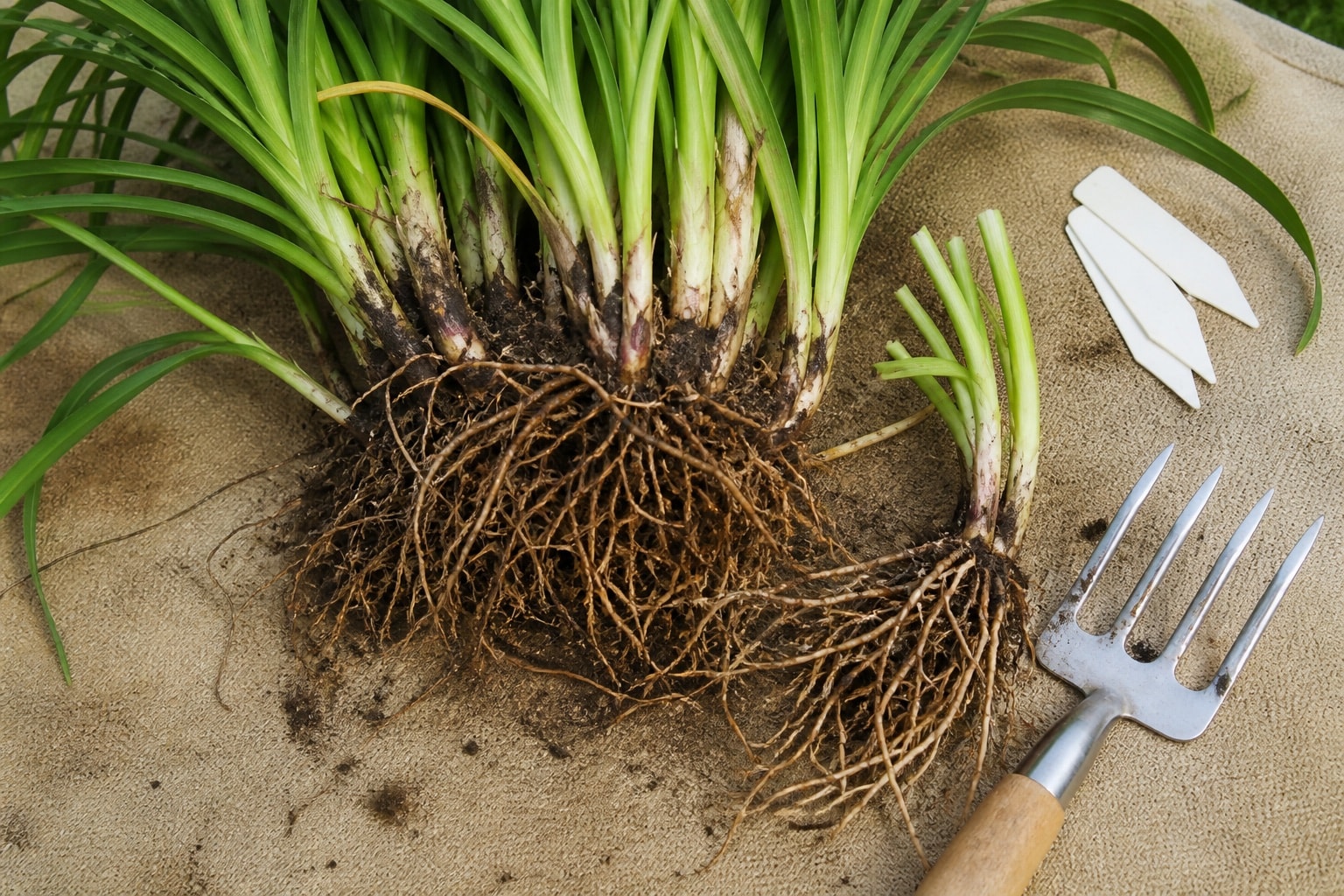 A lifted daylily clump separated into healthy labeled divisions
