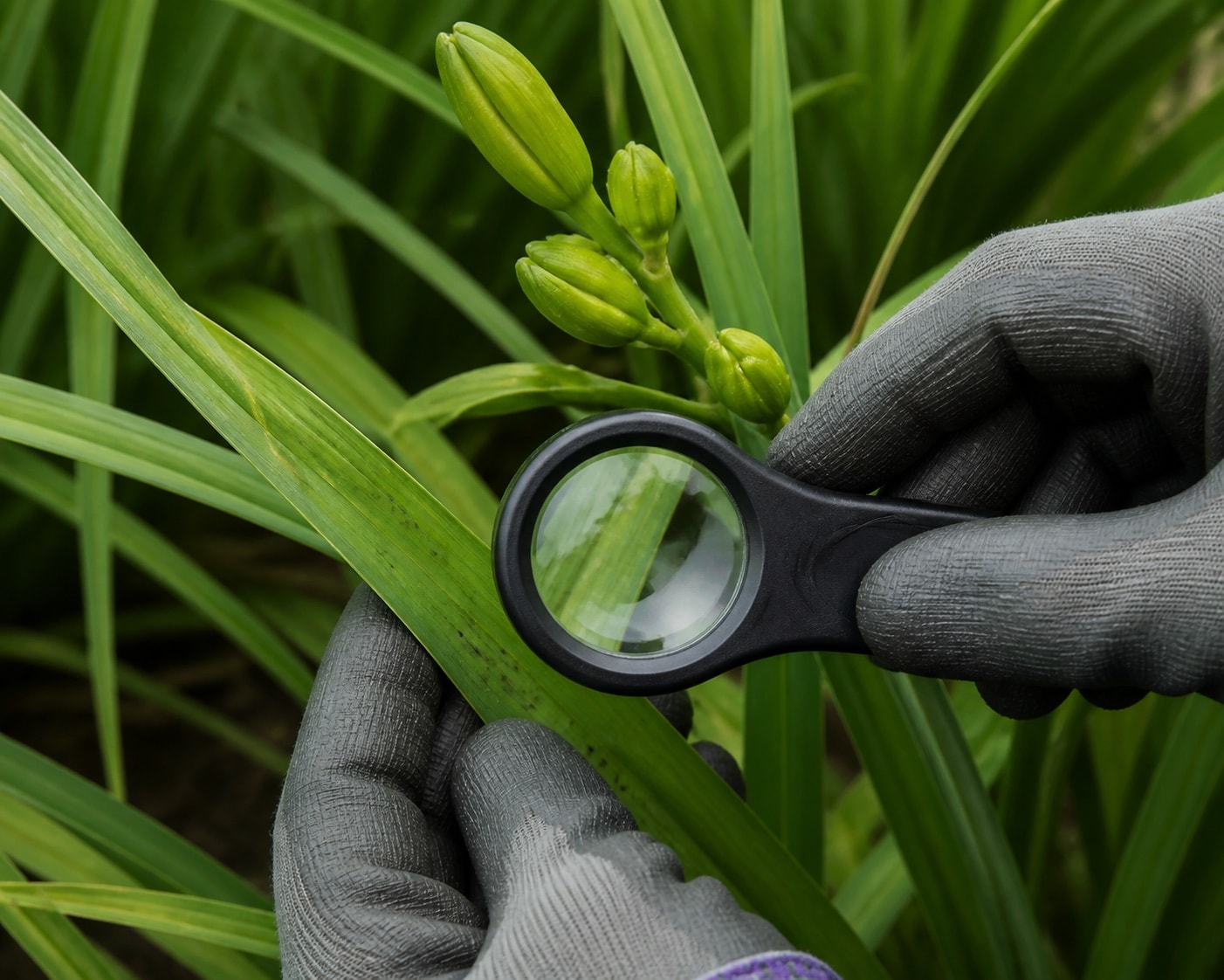 A gardener closely inspecting a daylily leaf and bud before choosing a response