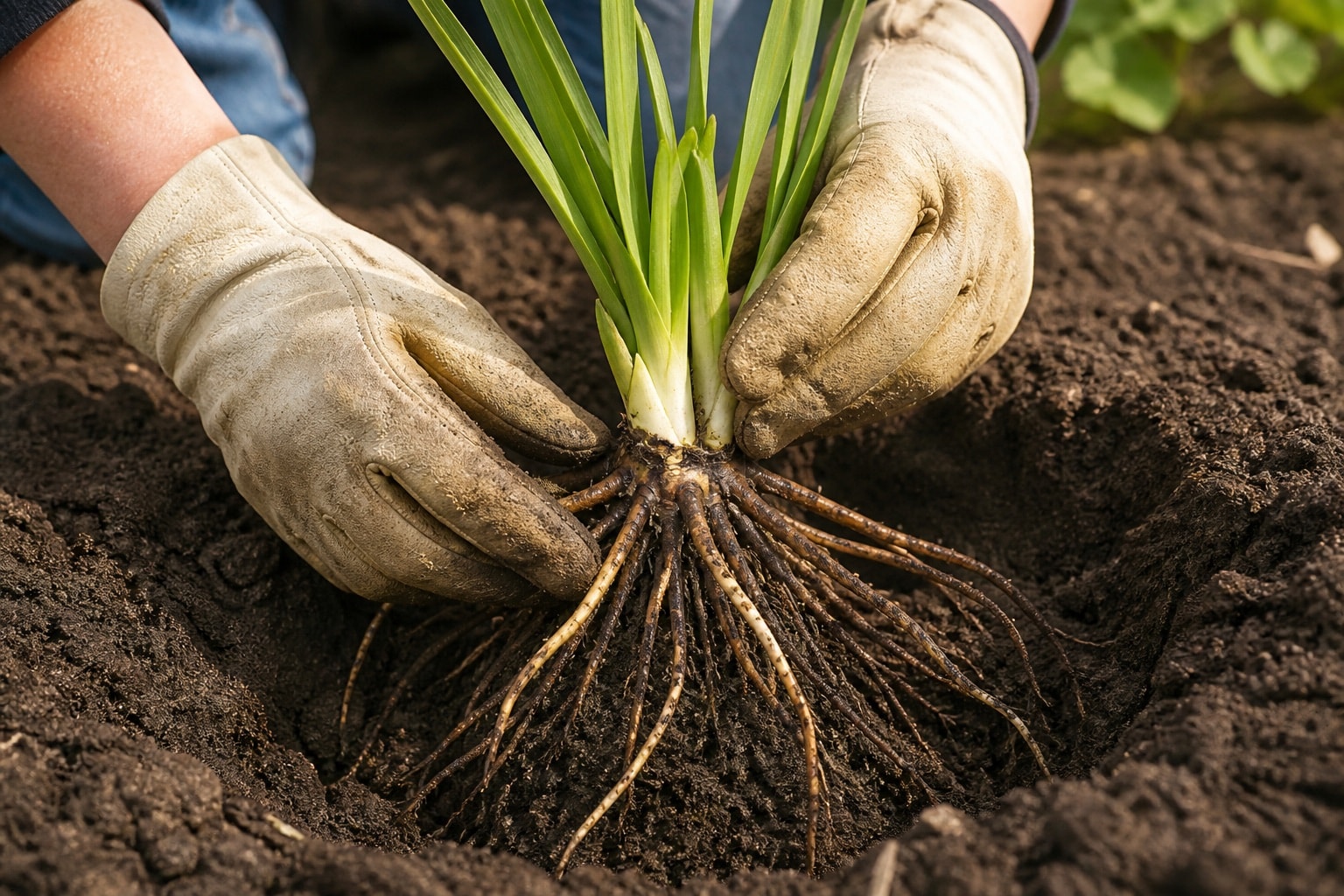 A bare-root daylily division positioned in prepared garden soil